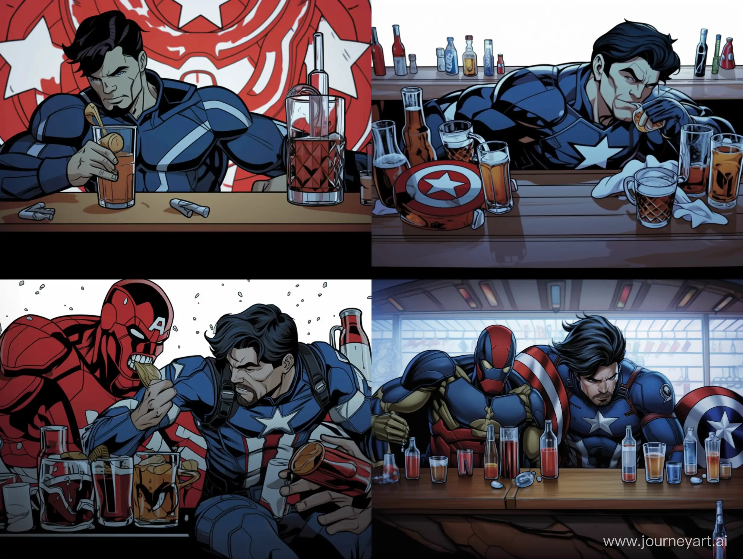 Party night, rave, with drunk tony stark on the top of bar and drunk hulk sleeping on the floor, on the background black widow kissing with captain america