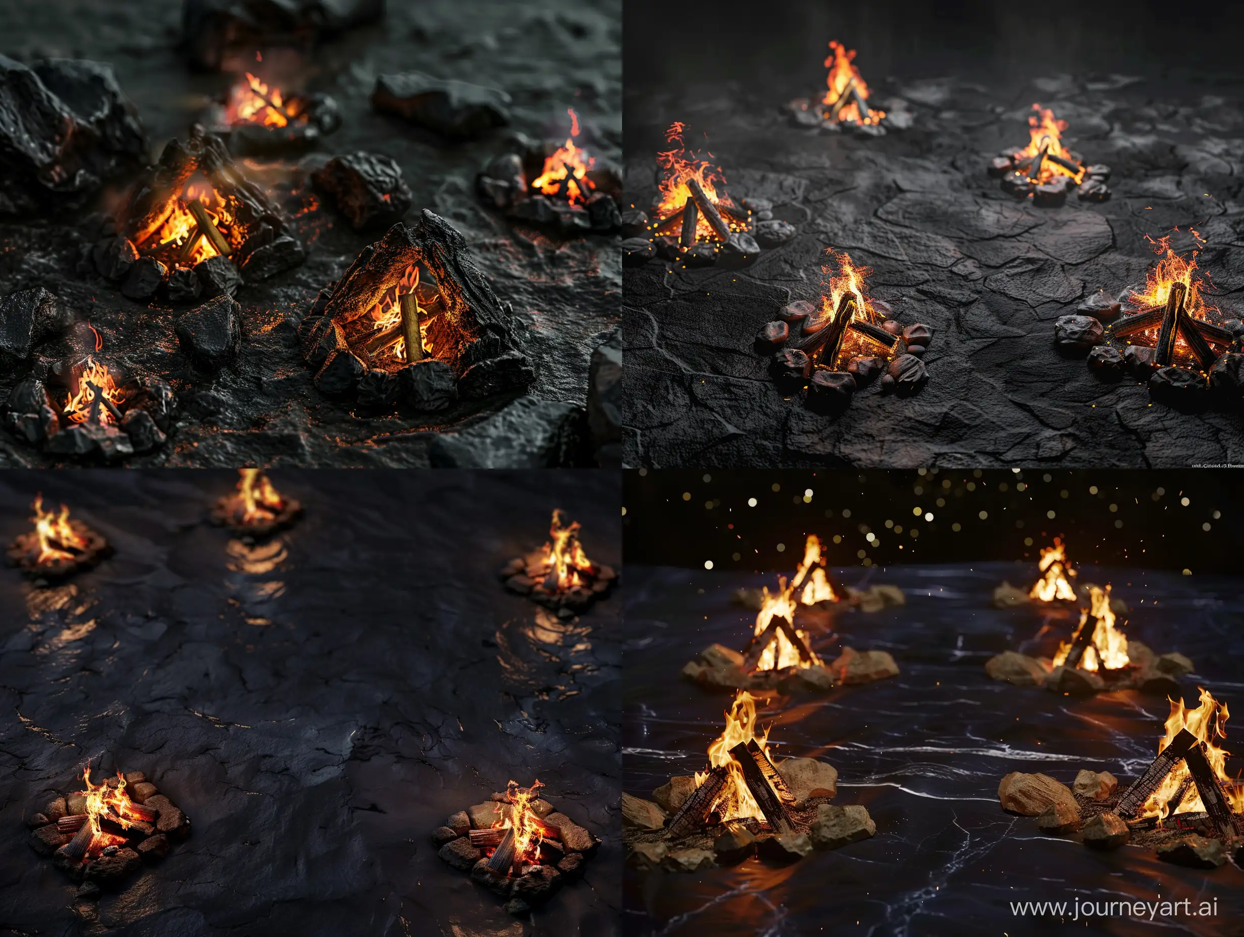 multiple campfires on a black  backgound perspective
