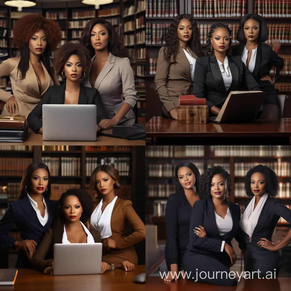 Three beautiful black women as lawyers posing in a library with Apple laptops and books