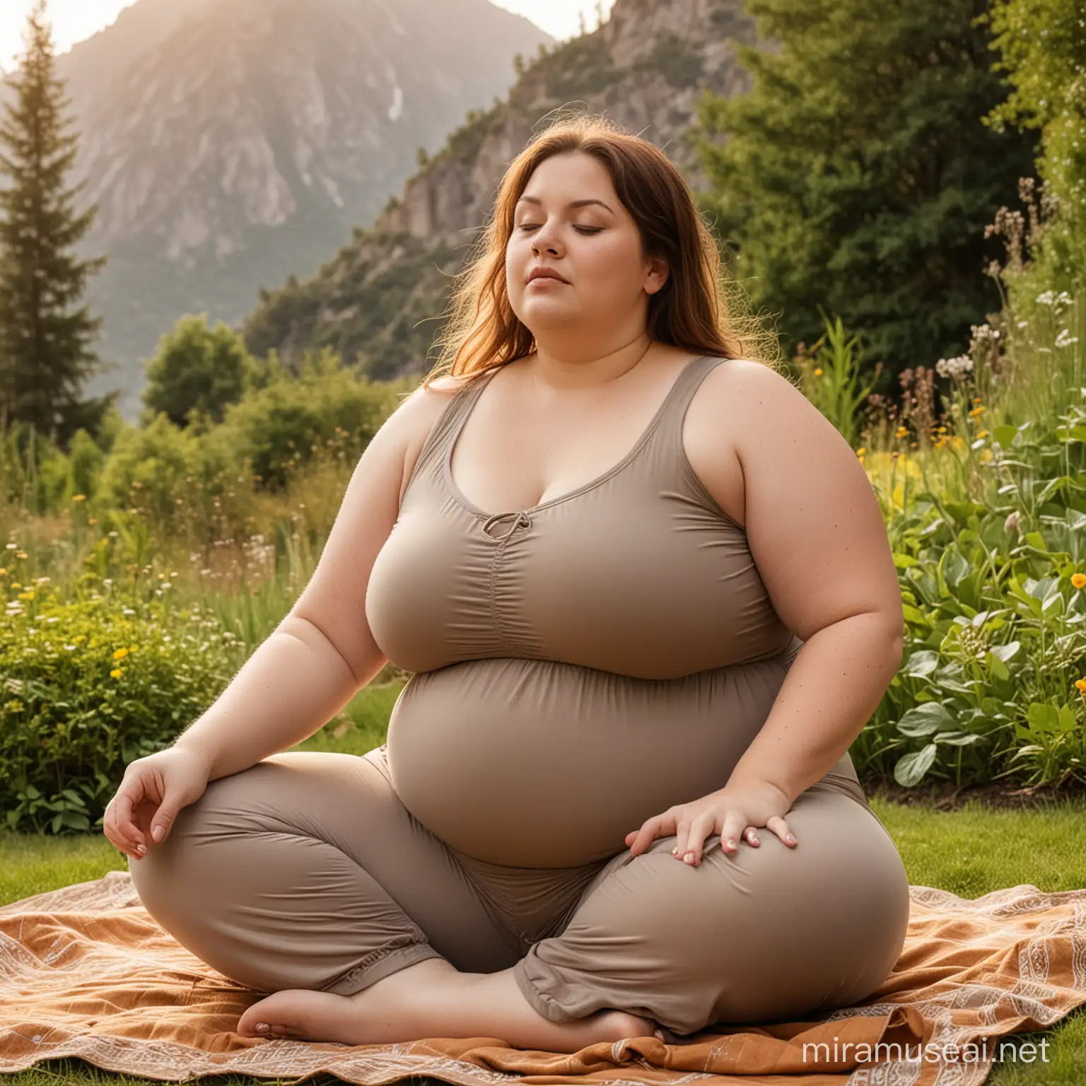 A beautiful overweight fat curvy woman sitting in the garden meditating in the morning with a mountain view background, wearing earth tones, her eyes closed. 