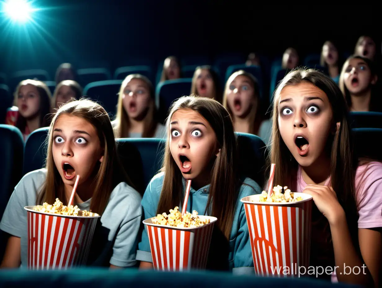 Teenage girls watching a scary movie at the cinema. They have soda but no straws or popcorn.