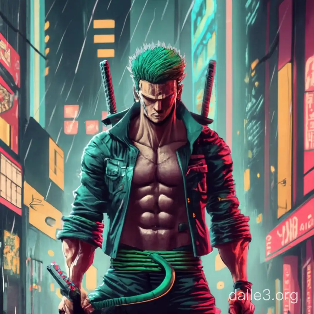 Roronoa zoro, cyberpunk 2077 style, night city background, rainy weather, back alley, sword in both hands, sword in mouth, shredded physique