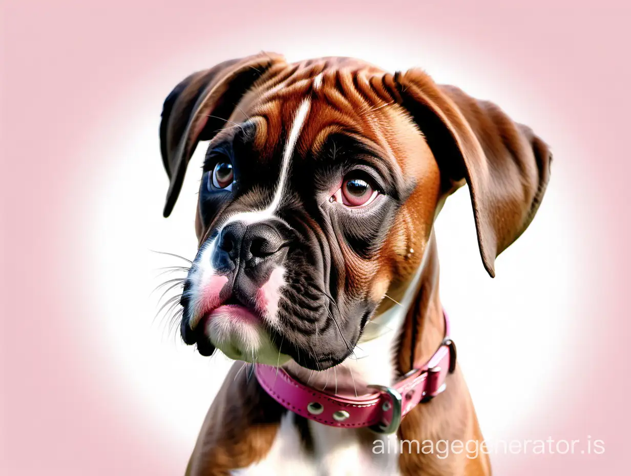 A playful female boxer puppy with a tender expression, brown coat with white patches on the chest, wearing a pink collar, long eyelashes, set against a bright white background. The visual style is clean and crisp with vibrant colors, while the artistic style is realistic yet whimsical with soft and gentle shading, and attention to detail in the fur texture and facial features.