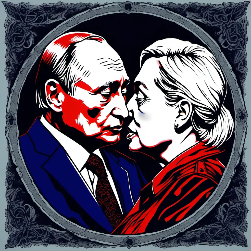 Gothic Print of Elderly Leaders Vladimir Putin and Marine Le Pen in Intense Kiss