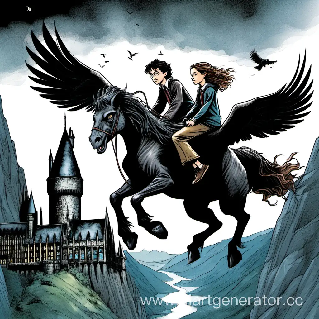 Harry-Potter-and-Hermione-Granger-Rescuing-Sirius-Black-on-Buckbeak-near-Hogwarts