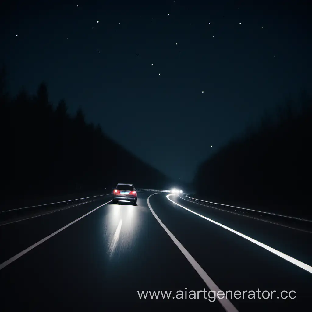 The car is driving along the night road