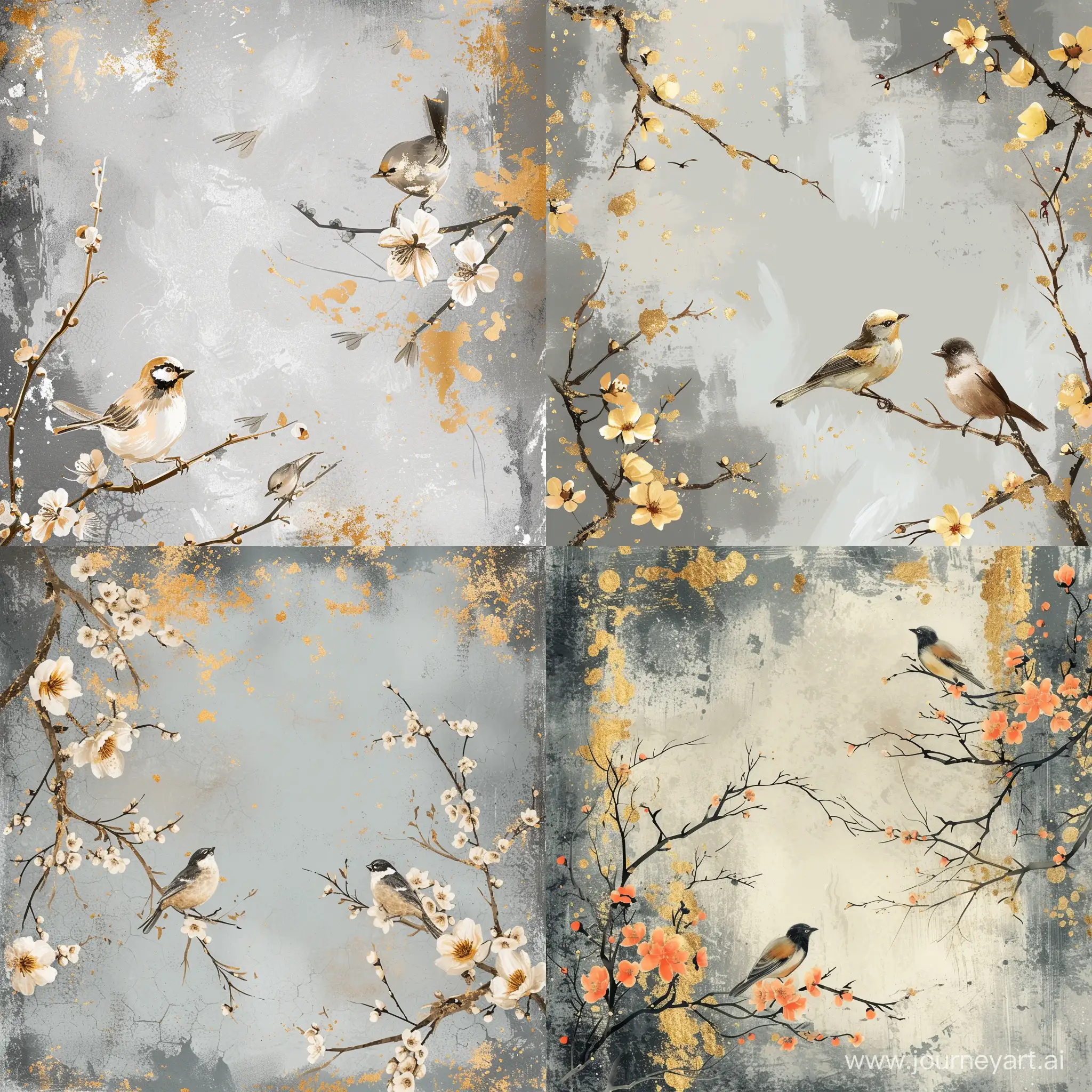 Abstract artistic background. Vintage illustration, flowers, branches, birds, golden brushstrokes. Textured background. Oil on canvas. modern Art. grey, wallpaper, poster, card, mural, print, wall art
