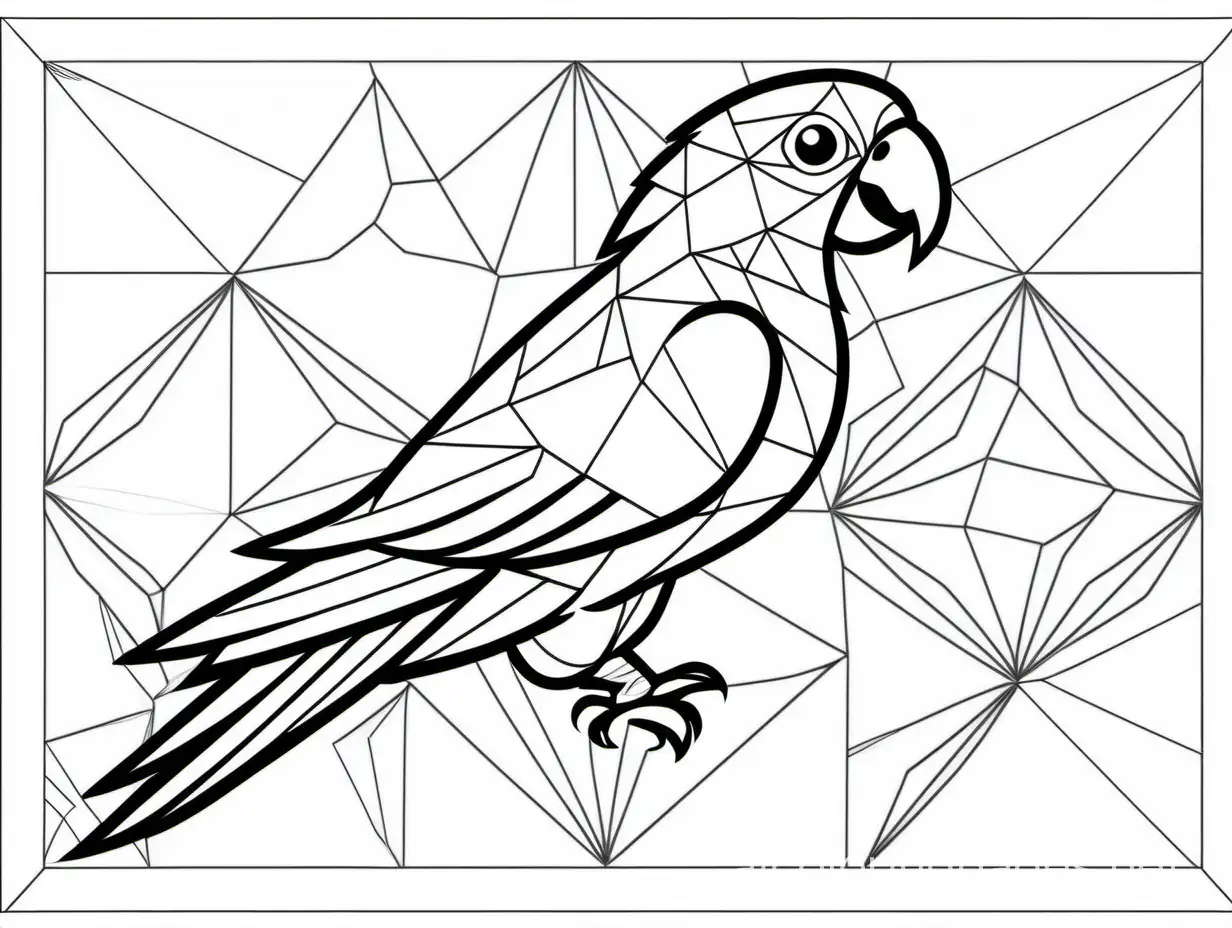 Parrot bird, geometrical shapes background, Coloring Page, black and white, line art, white background, Simplicity, Ample White Space. The background of the coloring page is plain white to make it easy for young children to color within the lines. The outlines of all the subjects are easy to distinguish, making it simple for kids to color without too much difficulty