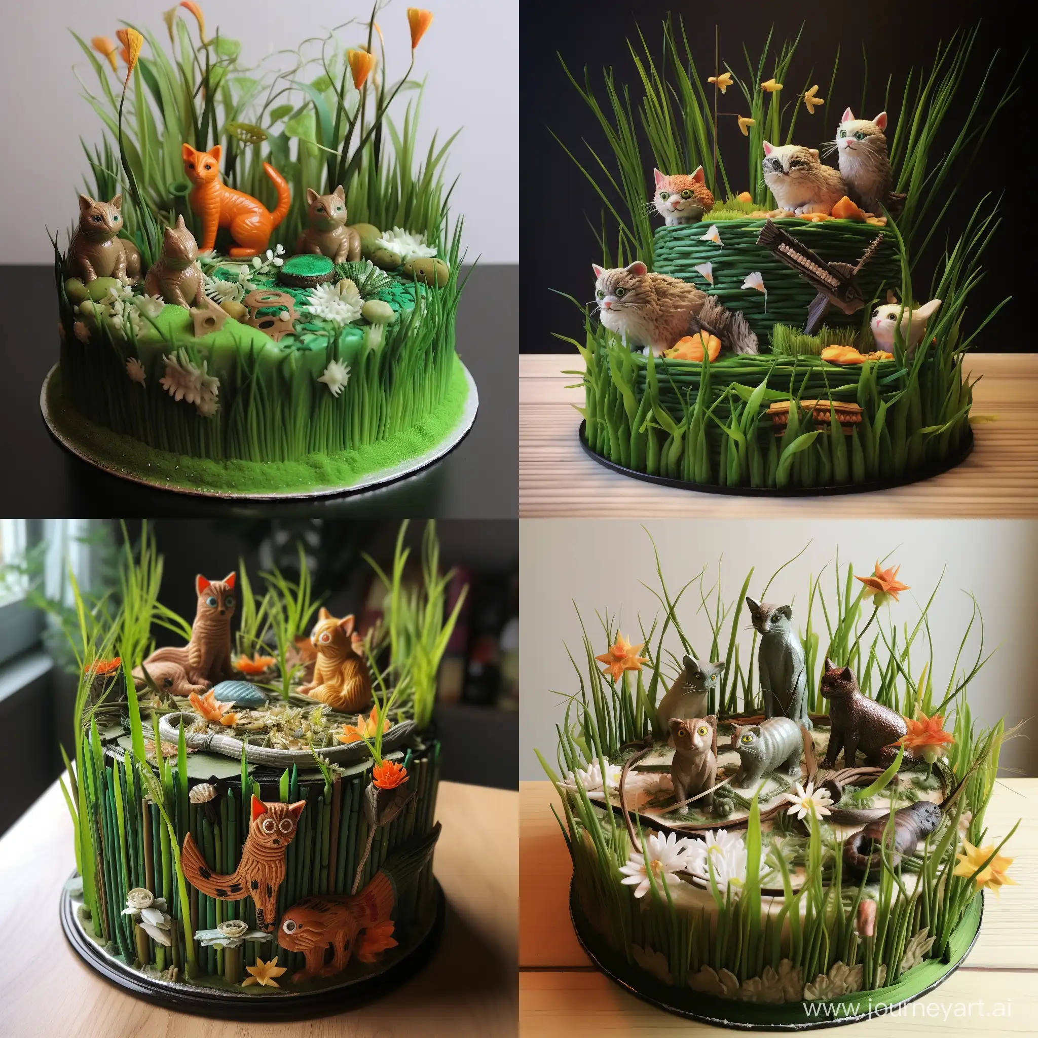 Cake with tinned fish, meat or chicken, lizards and rats as decoration some cat grass.