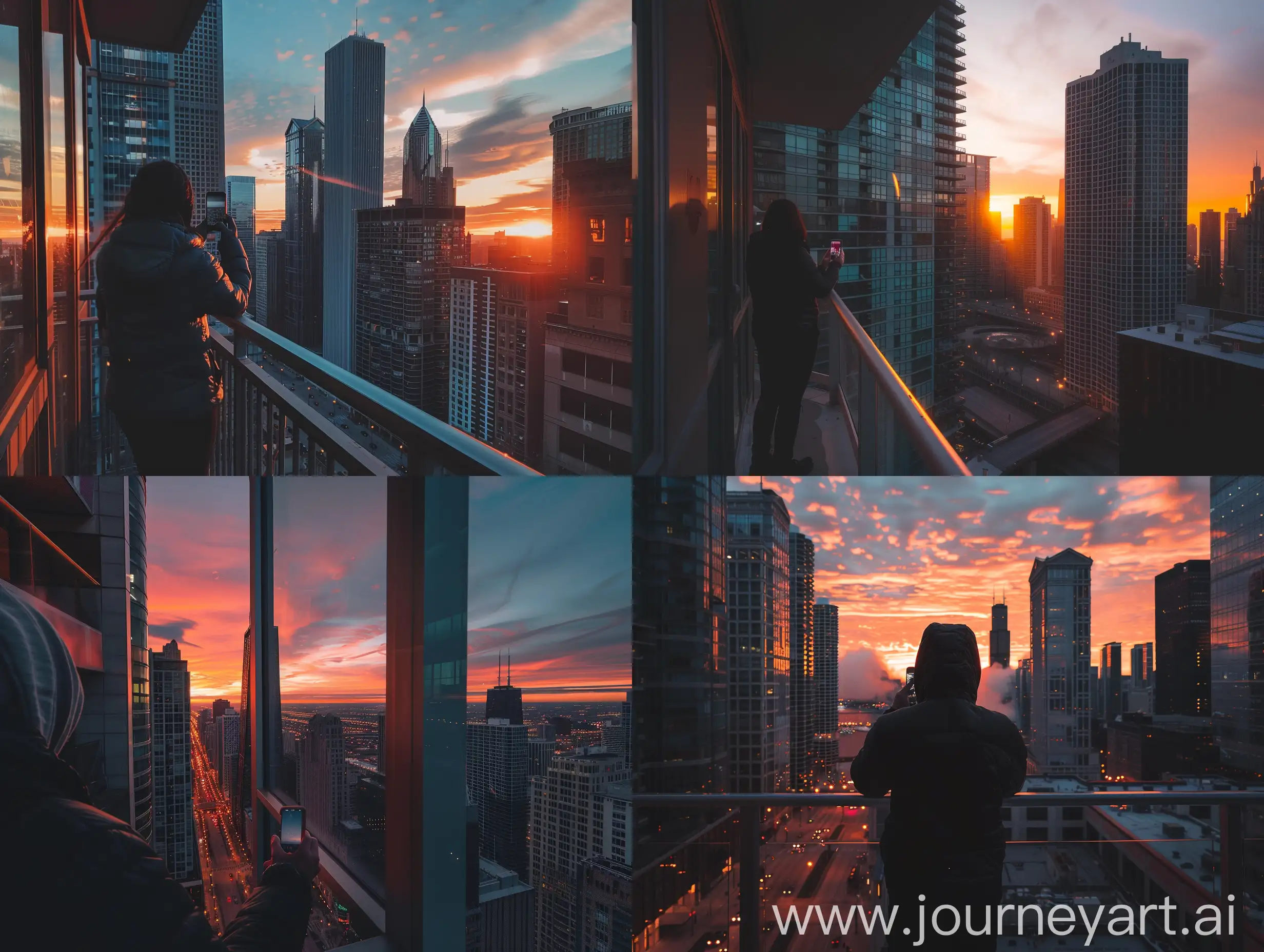 a phone photo of a person standing on the balcony, natural lighting, style raw posted on reddit in 2019, environment, looking at a city, Chicago, sunset time, busy smart city,

