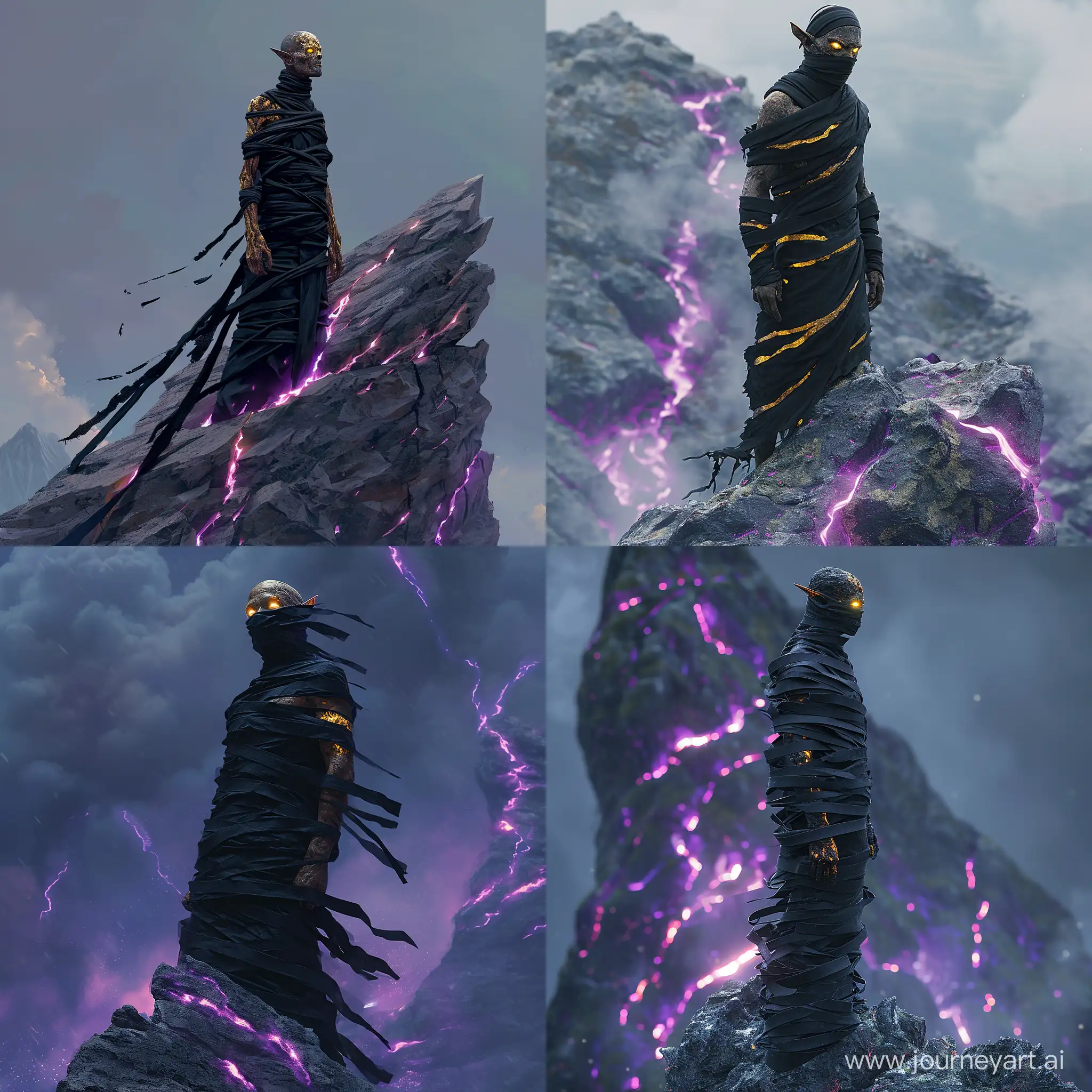 A high elf corrupted by black magics, wrapped in black strips of cloth to conceal his charred skin. Gold glowing eyes. He stands on the summit of a mountain with glowing purple fissures. He looks out in the distance, side view, epic shot, immersive fantasy setting