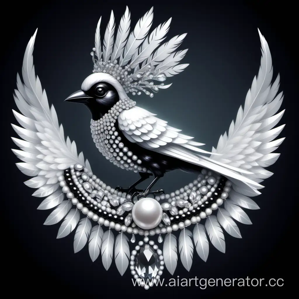 Prompt: Please create a realistic image of a crystal magpie with a small headpiece, black feathers with white ones, specifically with a white chest adorned with crystal beads and white rows on the wings. Surrounding the image, arrange alternating crystal and pearl beads. The main image should be positioned within the beads. This will be used as a logo.