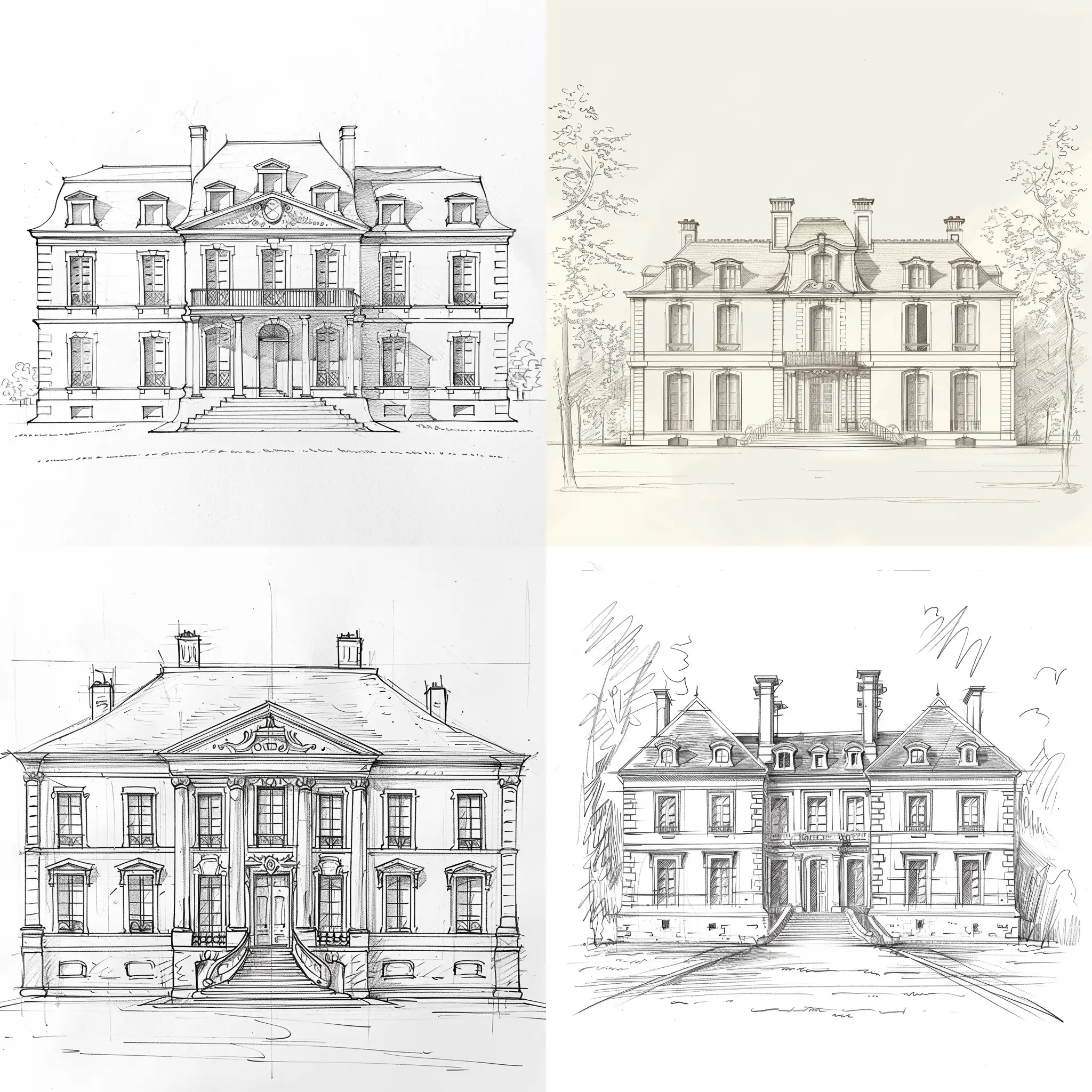 sketch, stylised french chateau 18th century, two wings and central facade, three levels, front view, simple, lines