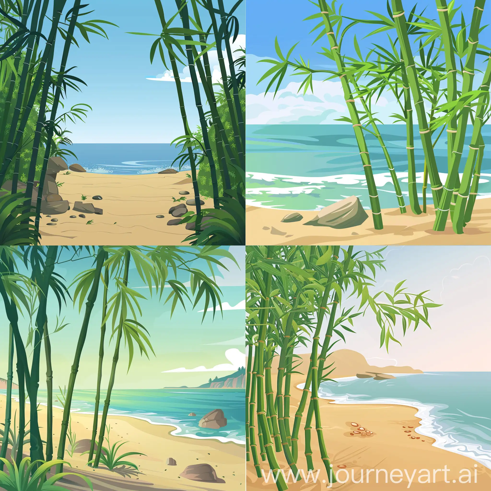 image of a seashore with bamboo trees cartoon style storybook