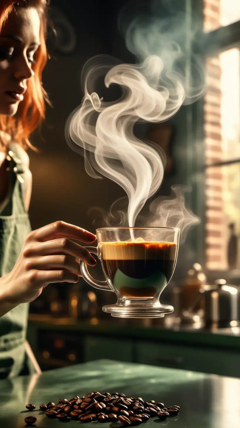 3:2 aspect ratio.  Hyper-realistic image of a hand holding a clear amber glass cup of coffee, with the steam rising from the coffee transforming into a graceful, smoke-like figure of a beautiful woman in her early 20s.  The scene is set on a vintage green kitchen countertop with scattered coffee beans and a grinder in the background.  Warm morning sunlight warms up the scene.