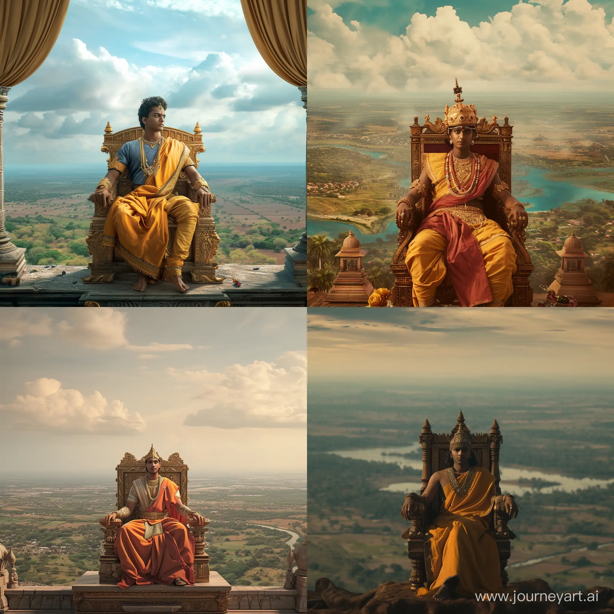 Medieval era young Tamil emperor sitting on a throne with vast land view Infront 