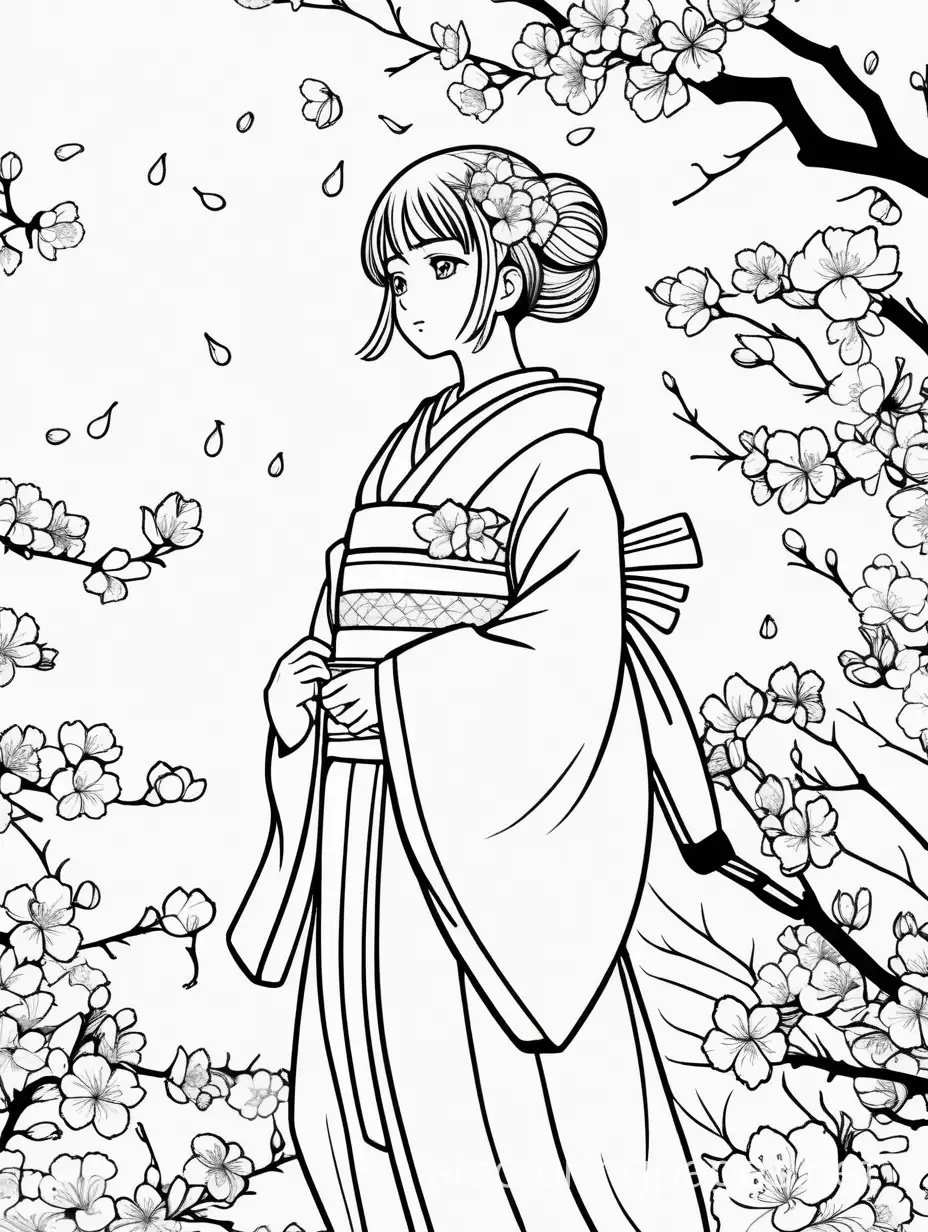 Japanese woman standing in sakura flowers anime style, Coloring Page, black and white, line art, white background, Simplicity, Ample White Space. The background of the coloring page is plain white to make it easy for young children to color within the lines. The outlines of all the subjects are easy to distinguish, making it simple for kids to color without too much difficulty