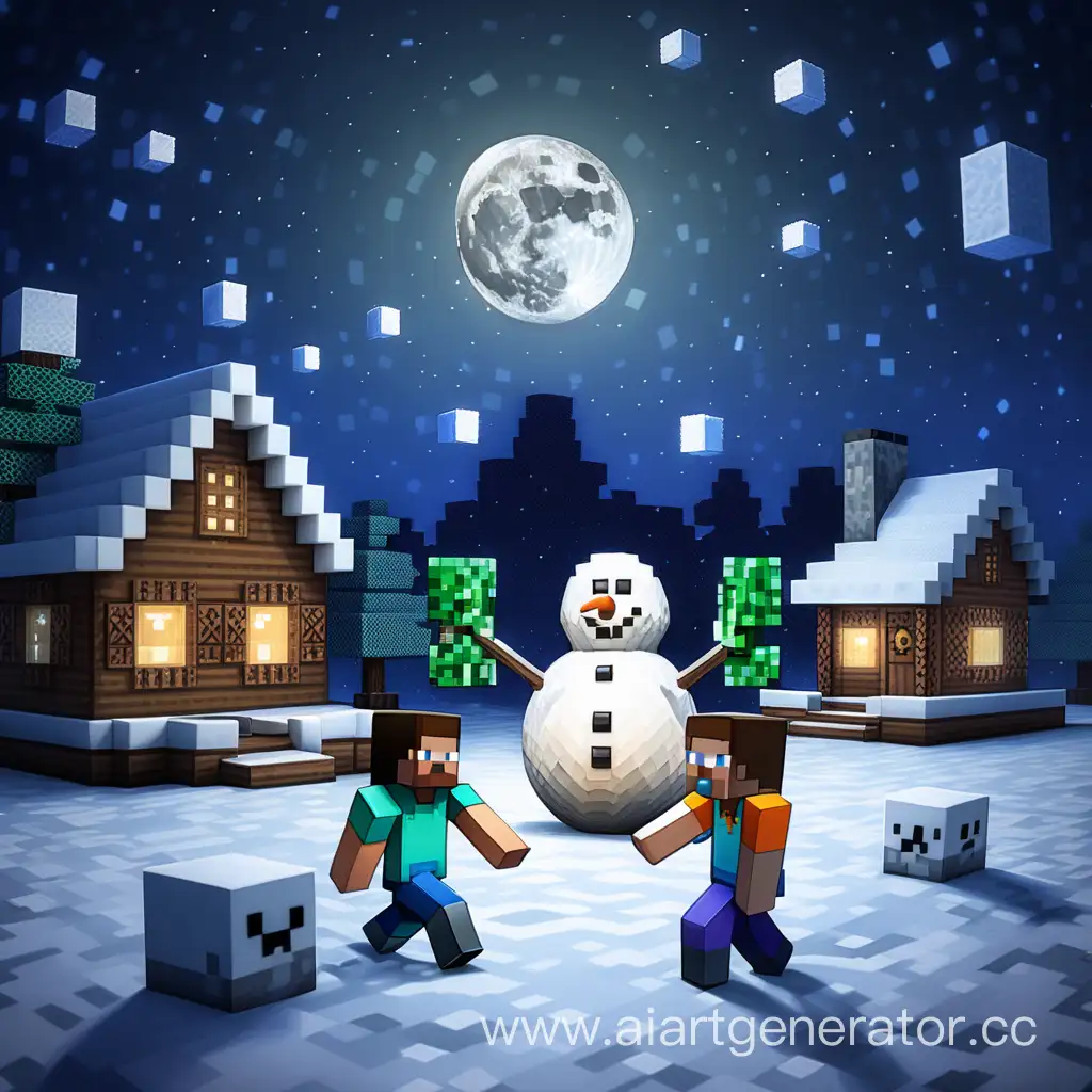 make a minecraft picture in the style of a summer night in the snow so that there is a snowman and the moon