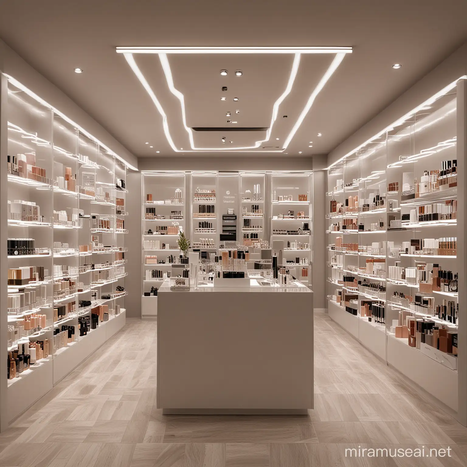 "Design a stylish perfume store in a compact 300 sqft space. Consider efficient layout, eye-catching product displays, cohesive branding, strategic lighting, personalized customer experience, smart storage solutions, and possible technology integration. Create an elegant and inviting atmosphere that captivates customers and provides a memorable shopping experience."