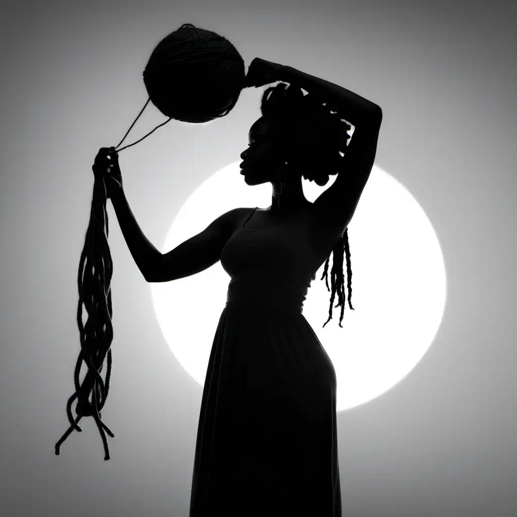 silhouette of a lady of a black woman with long dreadlocks  holding a ball of yarn in the air