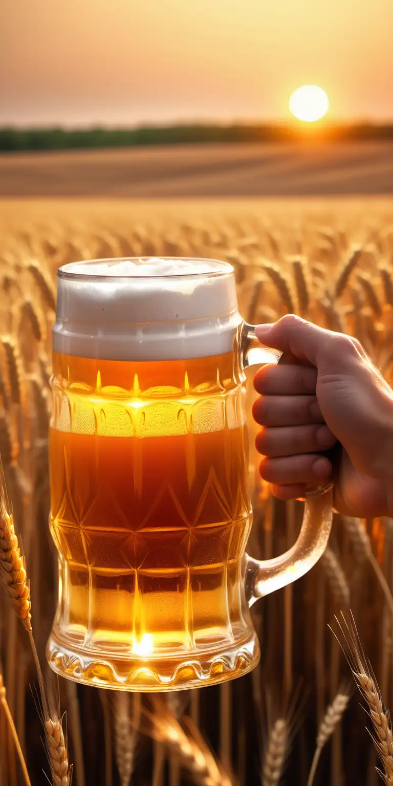 Man Holding Oversized Beer Mug in Wheat Field at Sunset