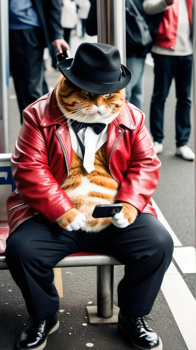 Fat cat. wearing a red leather jacket, black hat, black shoes, holding a cellphone, sitting at the Tokyo bus stop. Lots of People, Very Funny