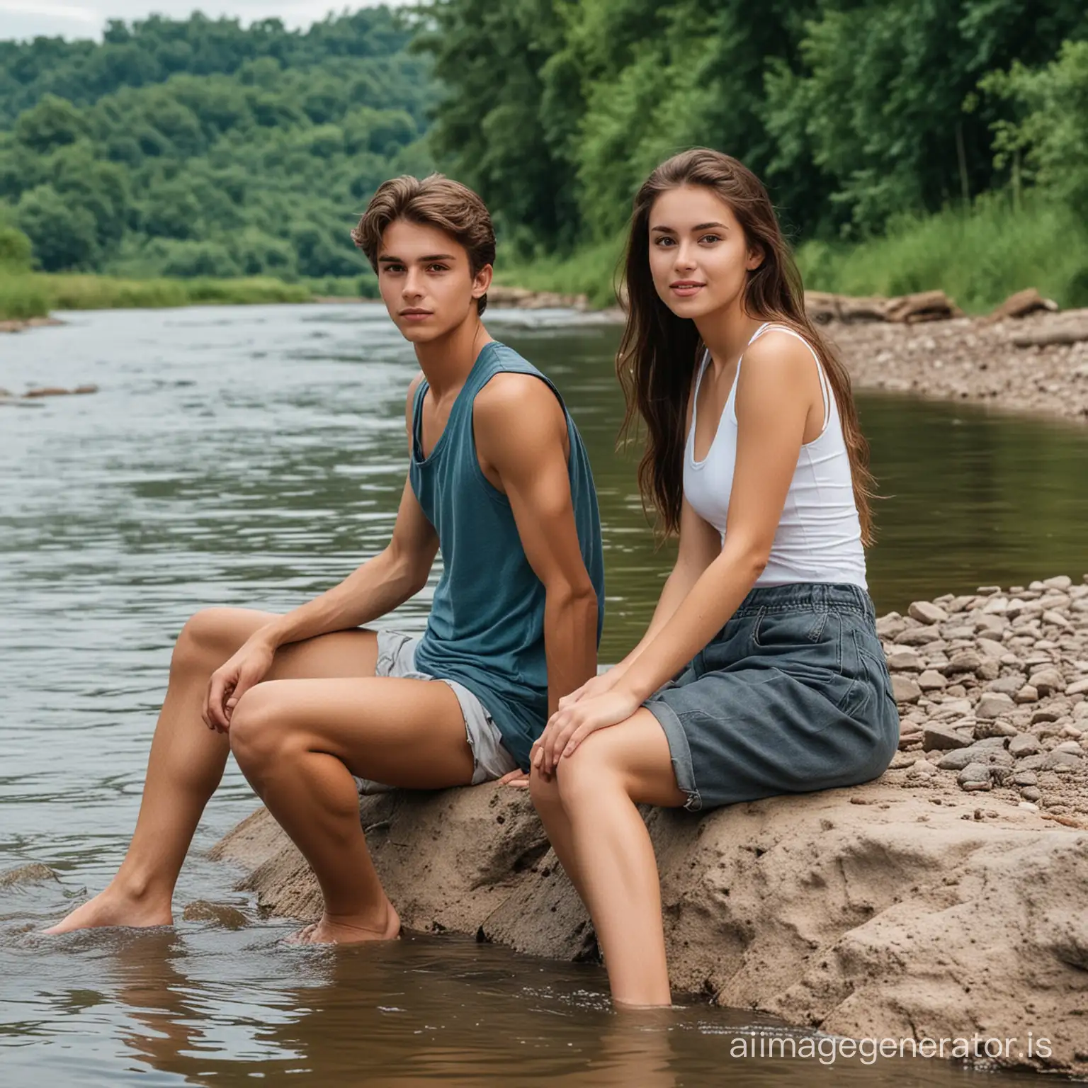 Youthful-Duo-Relaxing-by-Serene-Riverbank