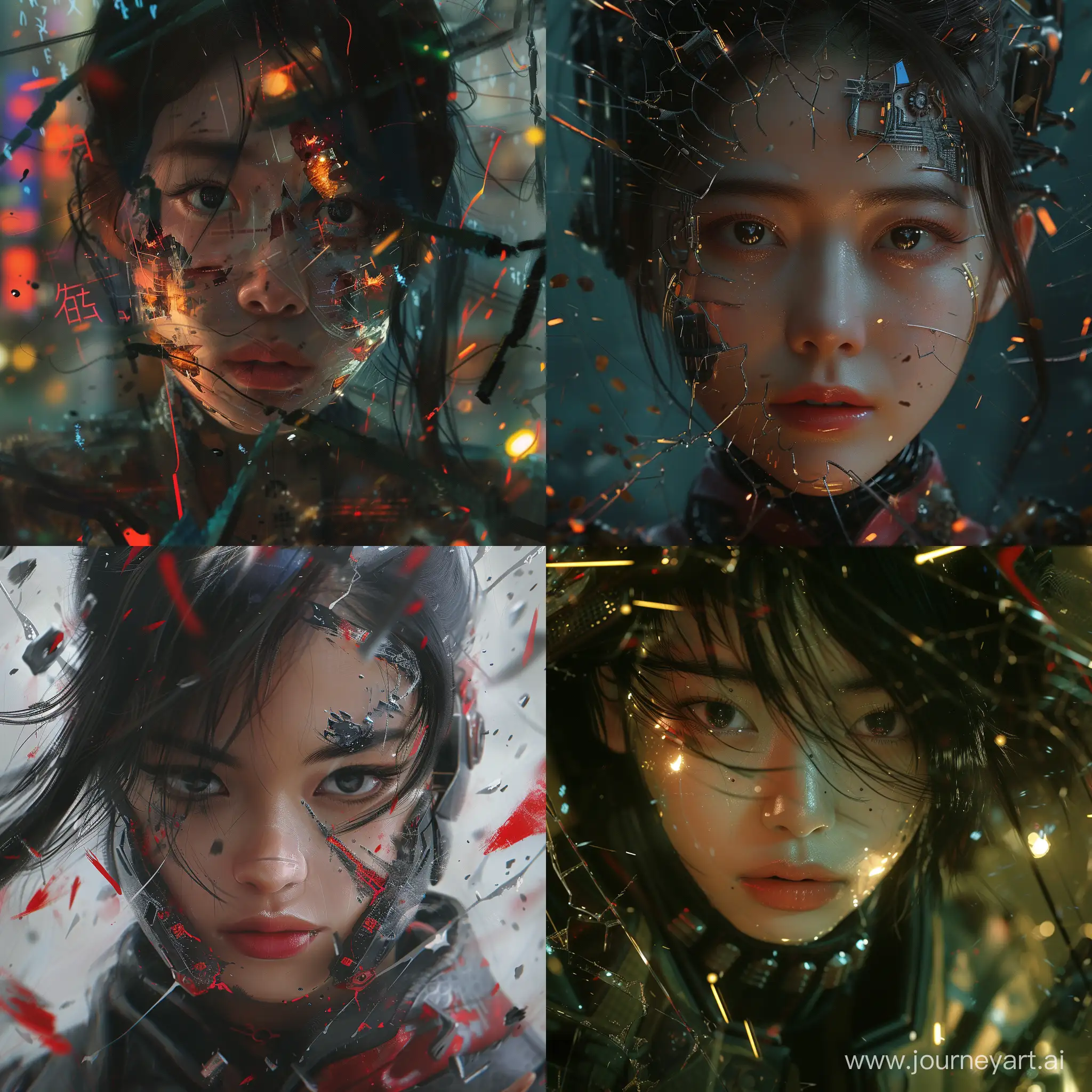 A thrilling portrait of asian girl around breaking downs warld powerful action, intense emotion, captivating details, Traditional aesthetics blend with cyberpunk elements