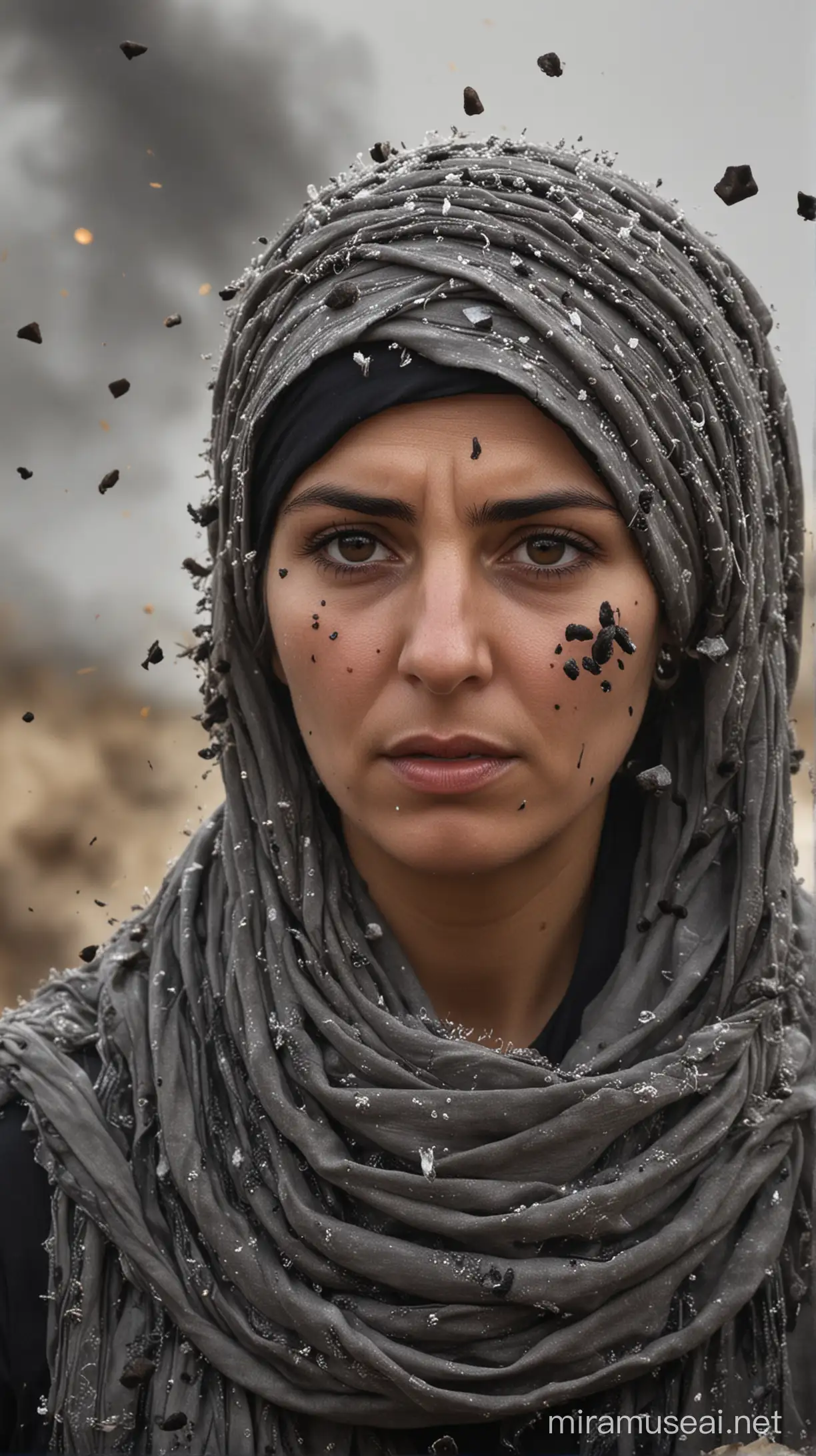 As shrapnel explodes in the sky, scattering debris around, Mücahide Hatice Hanım bravely advances, facing the challenges of war with a steadfast gaze. Her hair is covered with a turban.

