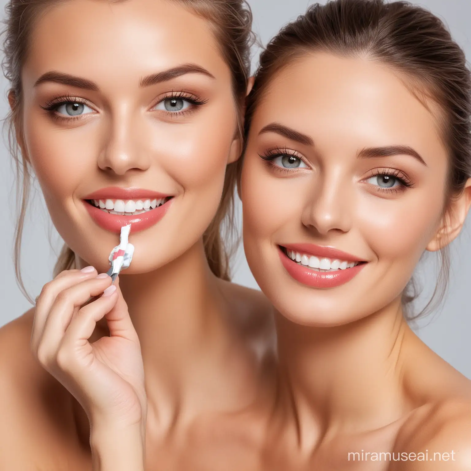 beautiful models with whiting toothpaste 
