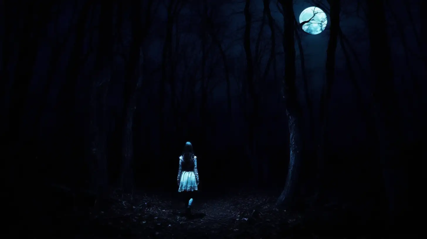 Lost Girl in the Dark Woods under the Moonlight