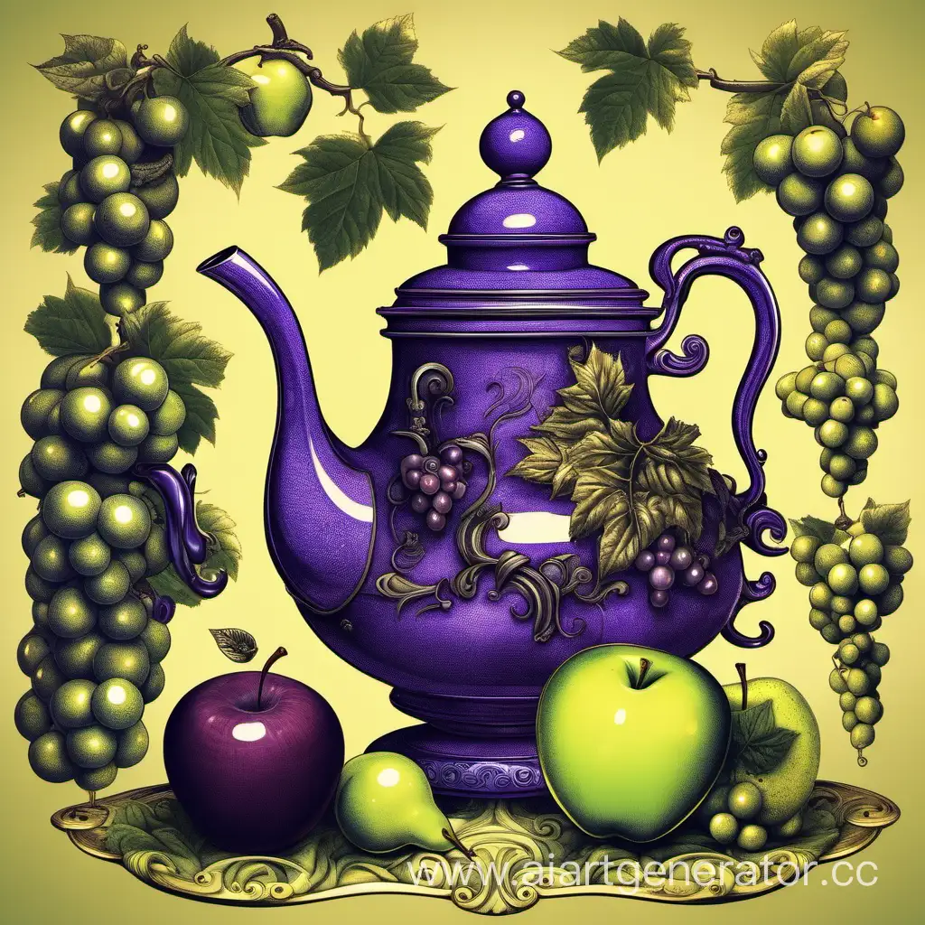 Surreal-Still-Life-Samovar-Pear-Apple-Teapot-and-Grape-Composition