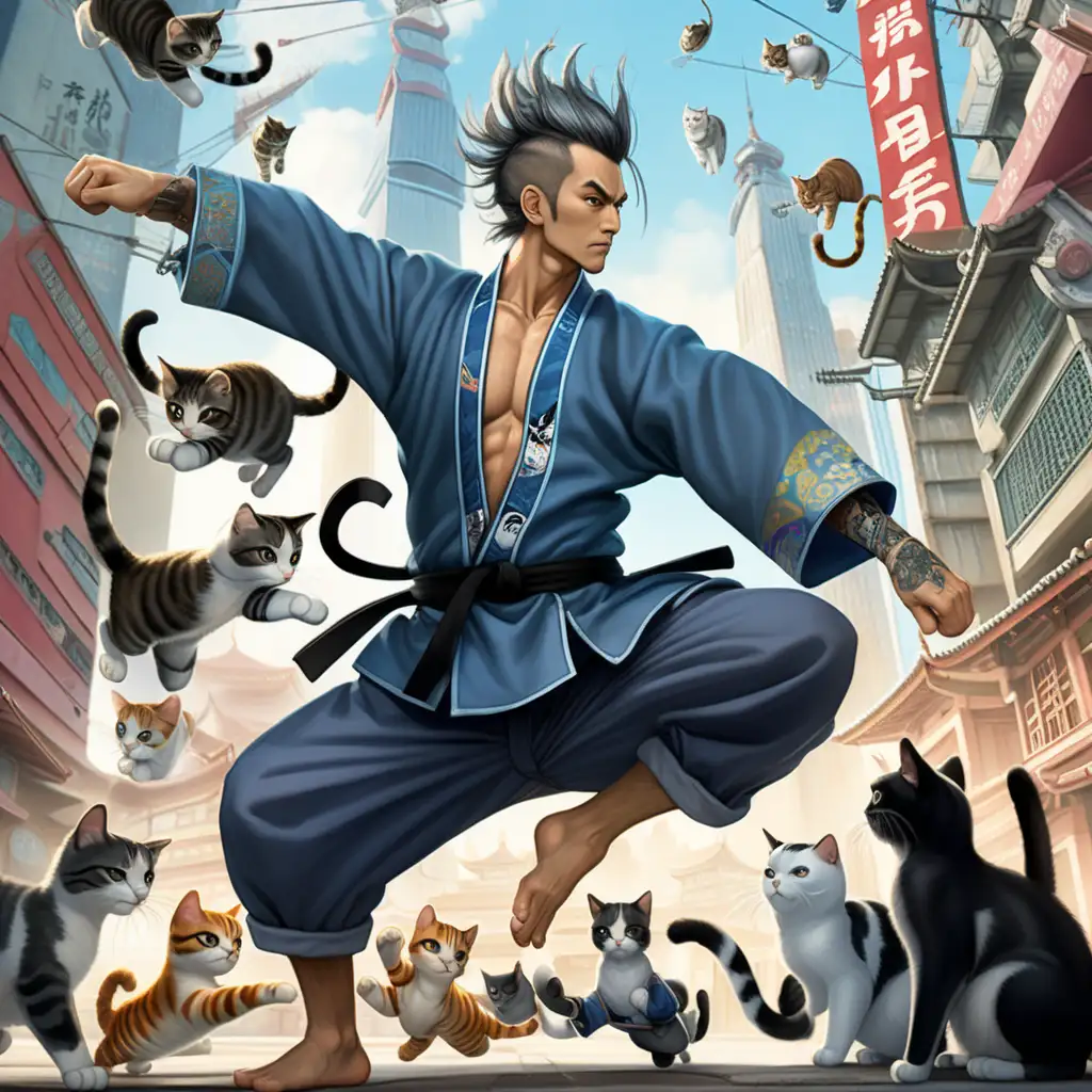 hyper masculine kung fu teacher wearing patchwork noragi with messy  slick back hair, tattooed left arm and surrounded by adorable cats by studio ghibli, acrobatic kung fu kicking pose,  cyberpunk city background high definition, 4k