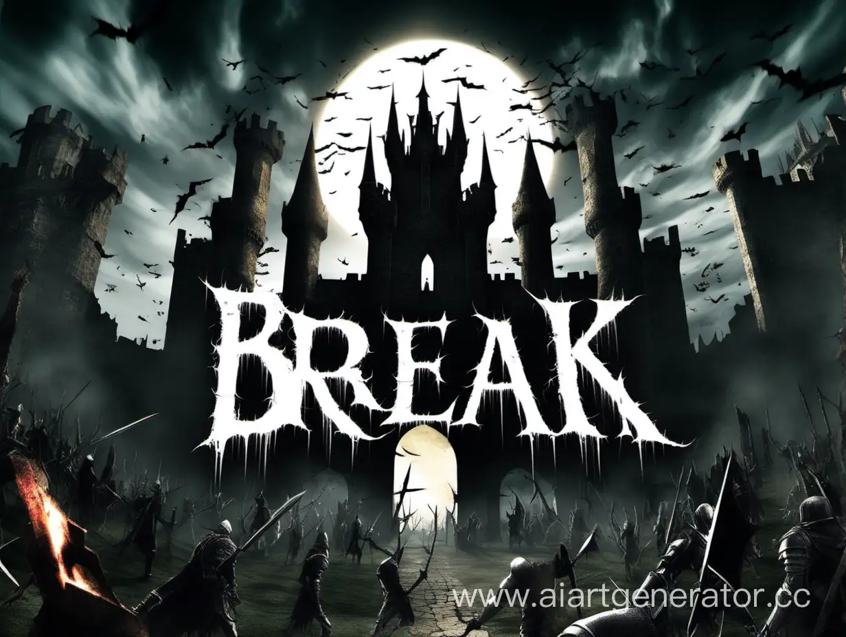 Generate a rectangular image with the word "Break" written in the center. The background should feature a Dark Souls-style castle, with an eclipse in the sky. Populate the scene with undead creatures, adding them throughout the image to create an atmosphere reminiscent of the game.
