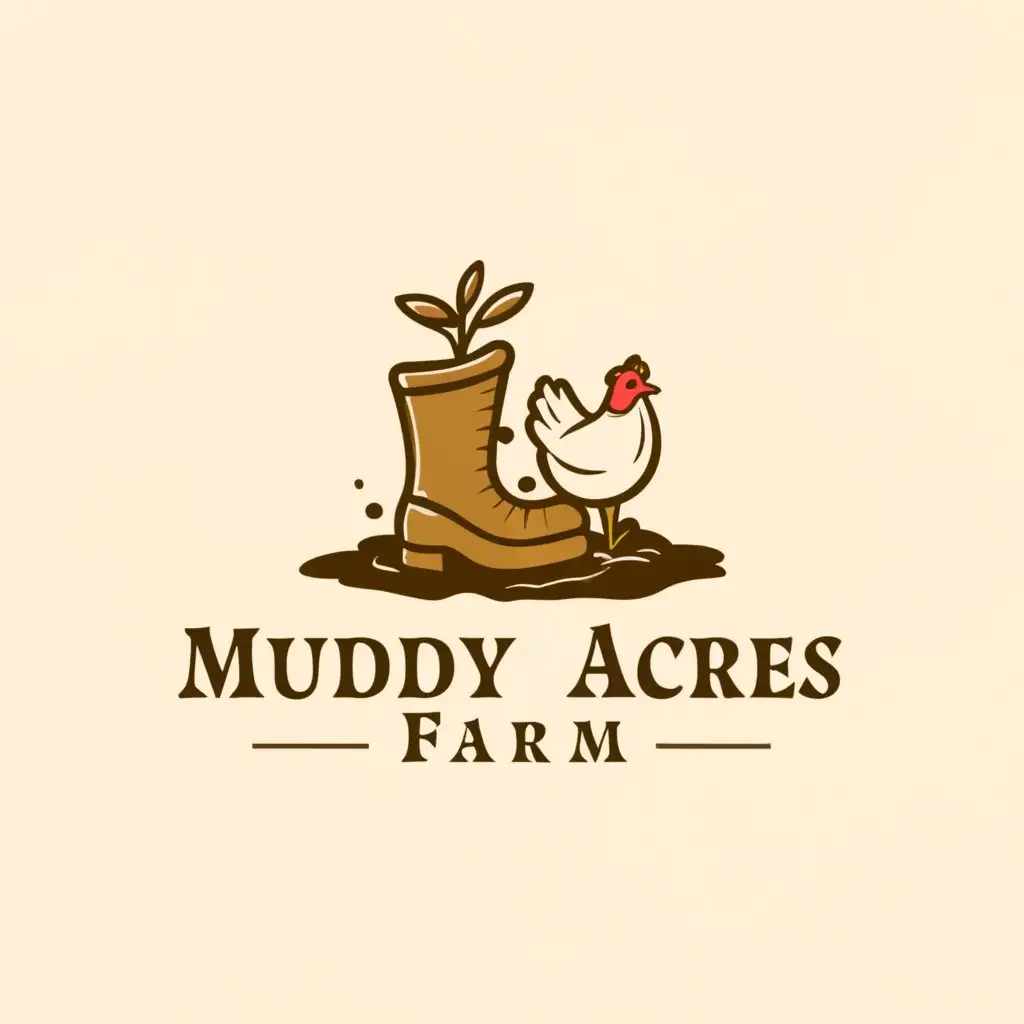 a logo design,with the text "Muddy Acres Farm", main symbol:Muddy boots chicken,Moderate,clear background