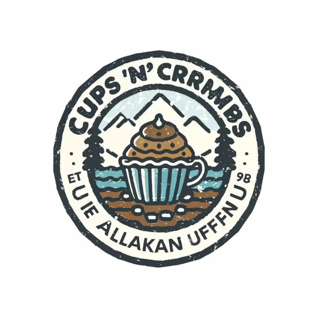 a logo design,with the text "Cups n' Crumbs", main symbol:Coffee Cup and muffin with an Alaskan Background,complex,clear background
