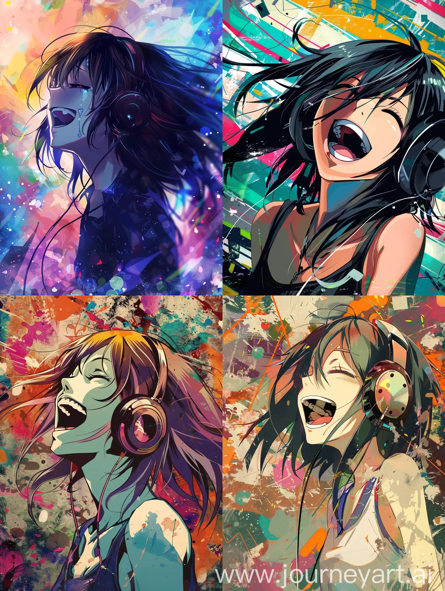anime emo girl laughing, she wearing a headphones, with abstract background