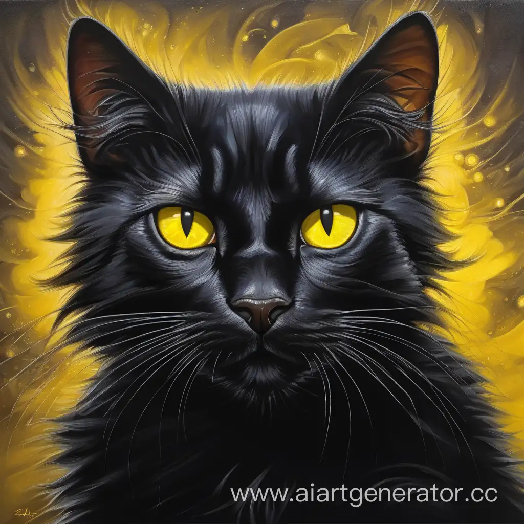 черный кот Мурзик с ярко желтыми глазами