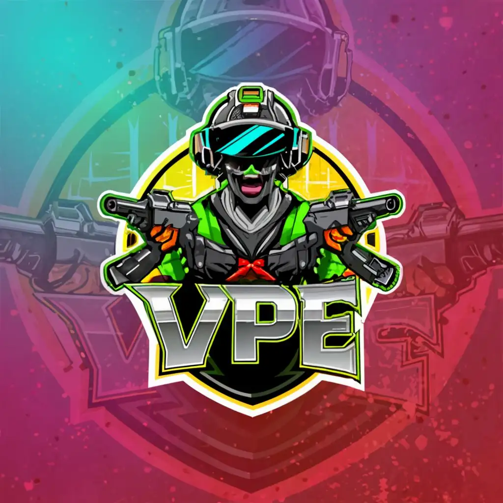 a logo design,with the text "VIRTUIX PARK ENTERTAINMENT. VPE", main symbol:Soldier with giant virtual reality headset on and  two rifles carrying his back, steering wheel in the background colourful  realistic and vivid and  images.,Moderate,be used in Events industry,clear background