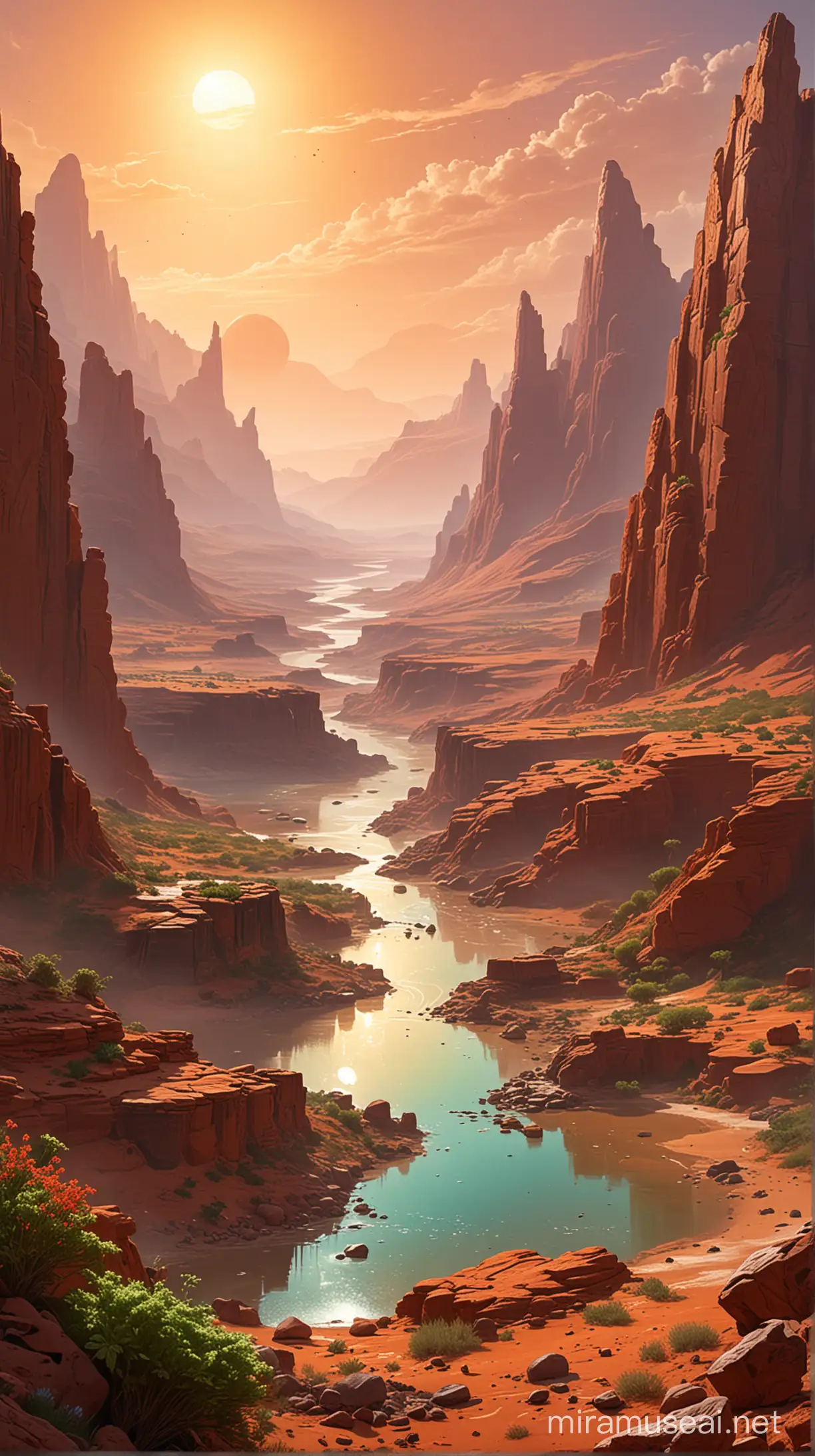A lush, vibrant landscape painting of ancient Mars, teeming with plant and animal life under a warm sun.  Waterways flow through valleys, and advanced Martian cities rise in the distance.
