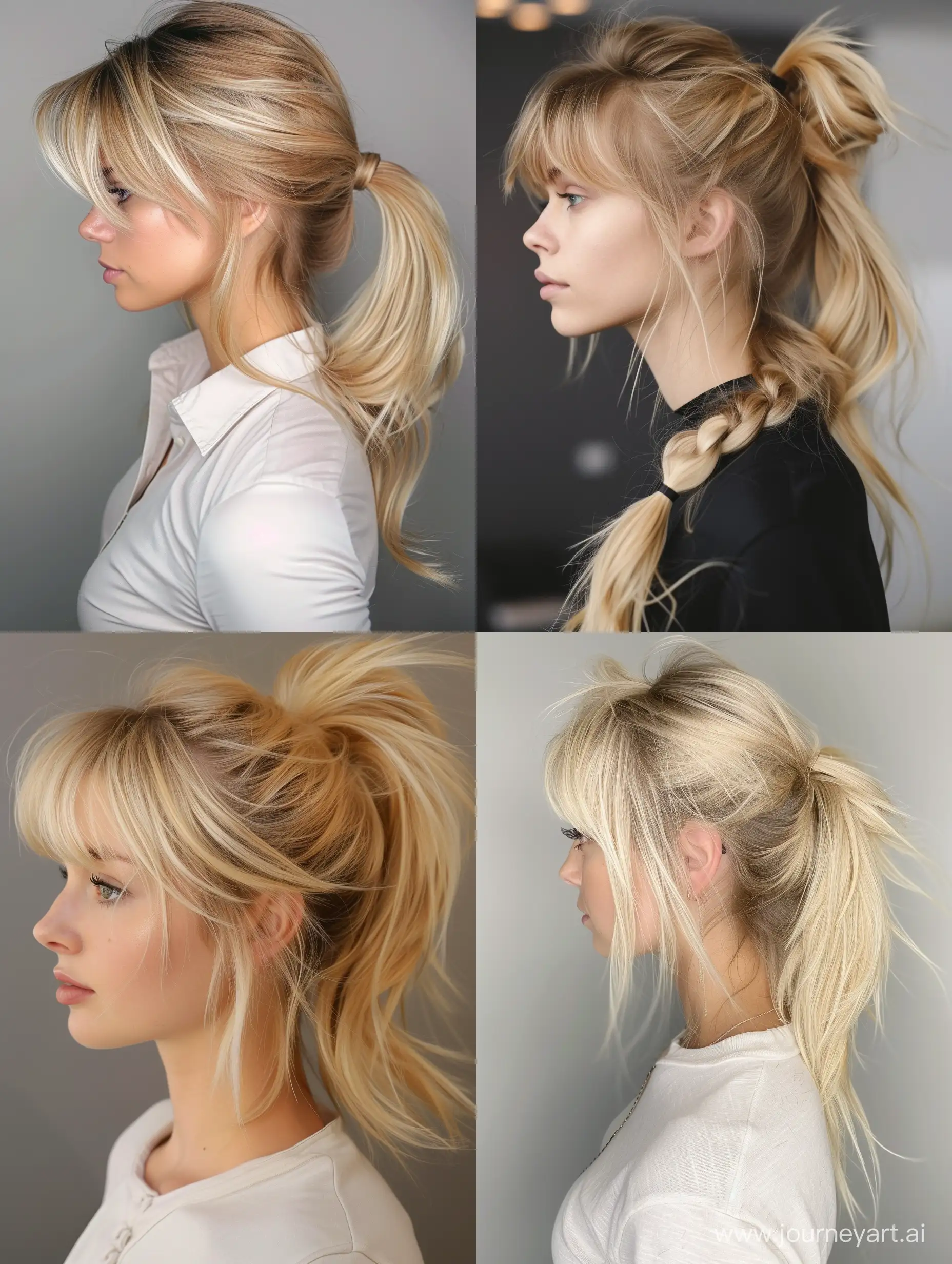 trendy ponytail hairstyles with curtain bangs blonde 2024