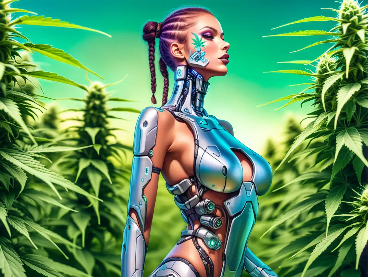 Sexy Cyborg Woman from beyond in a field of cannabis, rich colors, with a futuristic look
