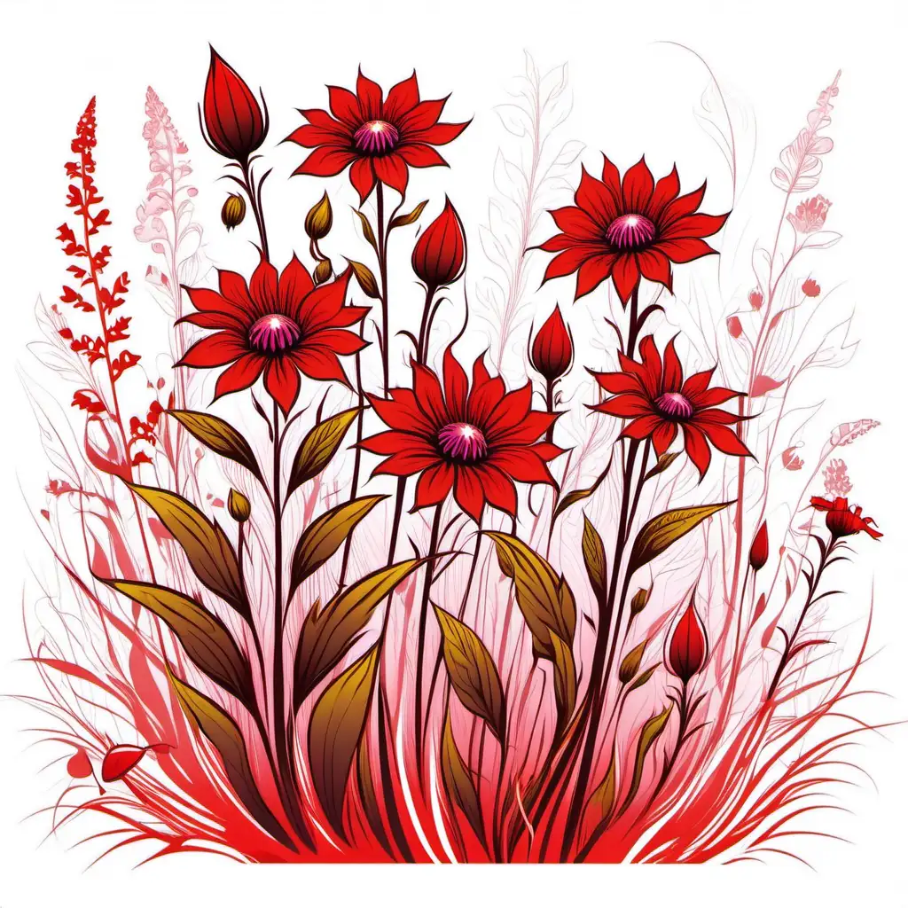 Enchanting Fantasy Vector Vibrant Red Wildflowers on a White Background