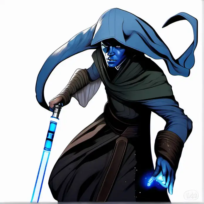 handsome man, blue skin, Jedi robe, lightsaber, white background, Star Wars art