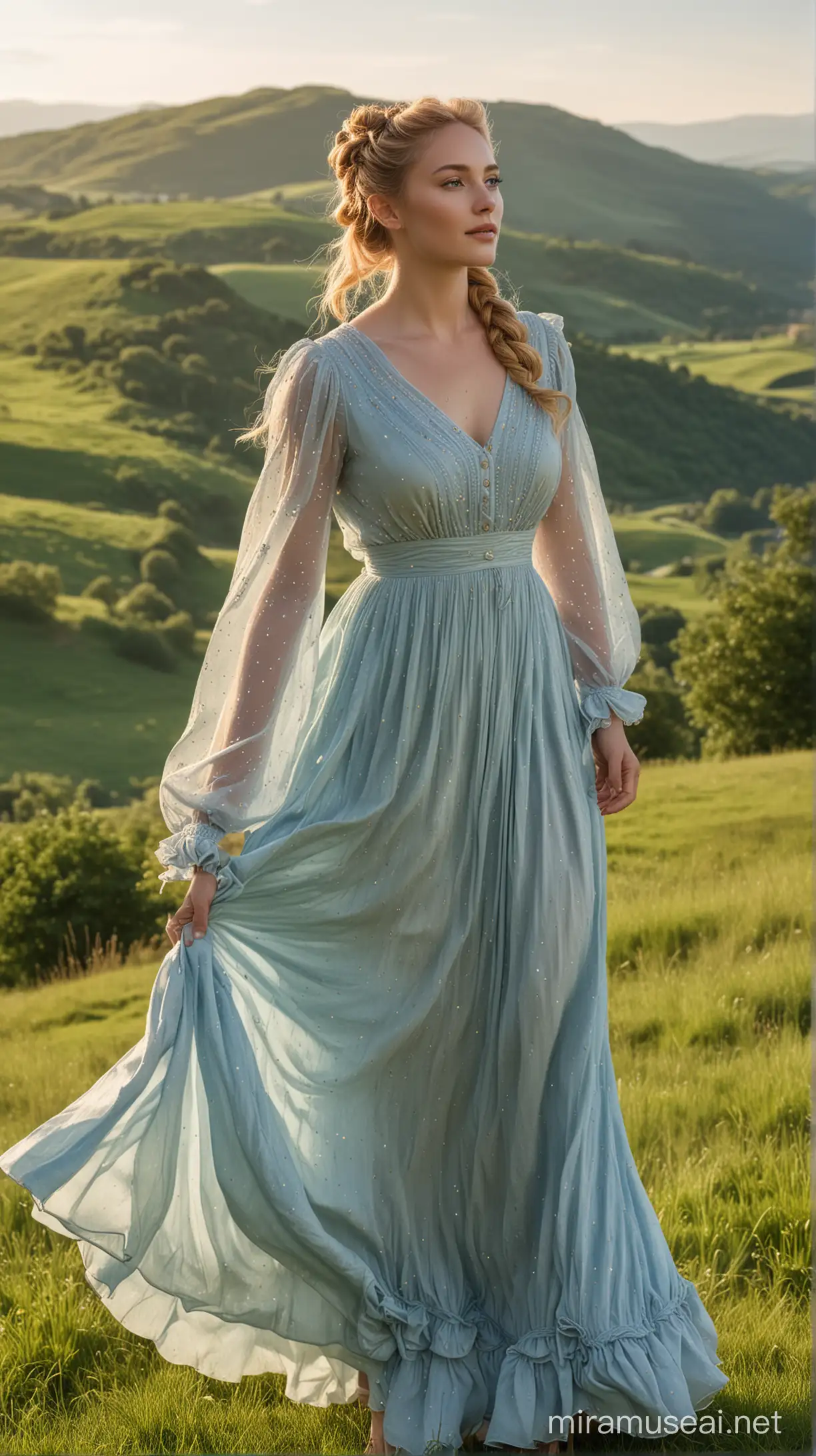 Elegant Young Woman in Blue Gown Amidst Lush Green Hills