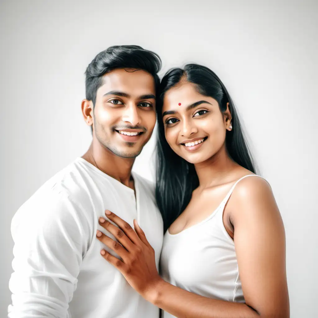 indian white couples, both of their skin were brightening and glowing, Posing in a white room