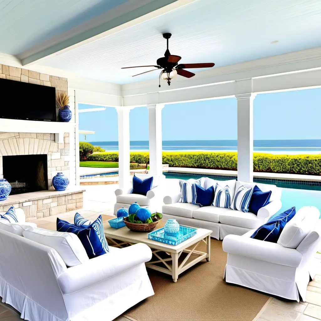 coastal style living room with white slipcovered furniture blue accents and pool in the background