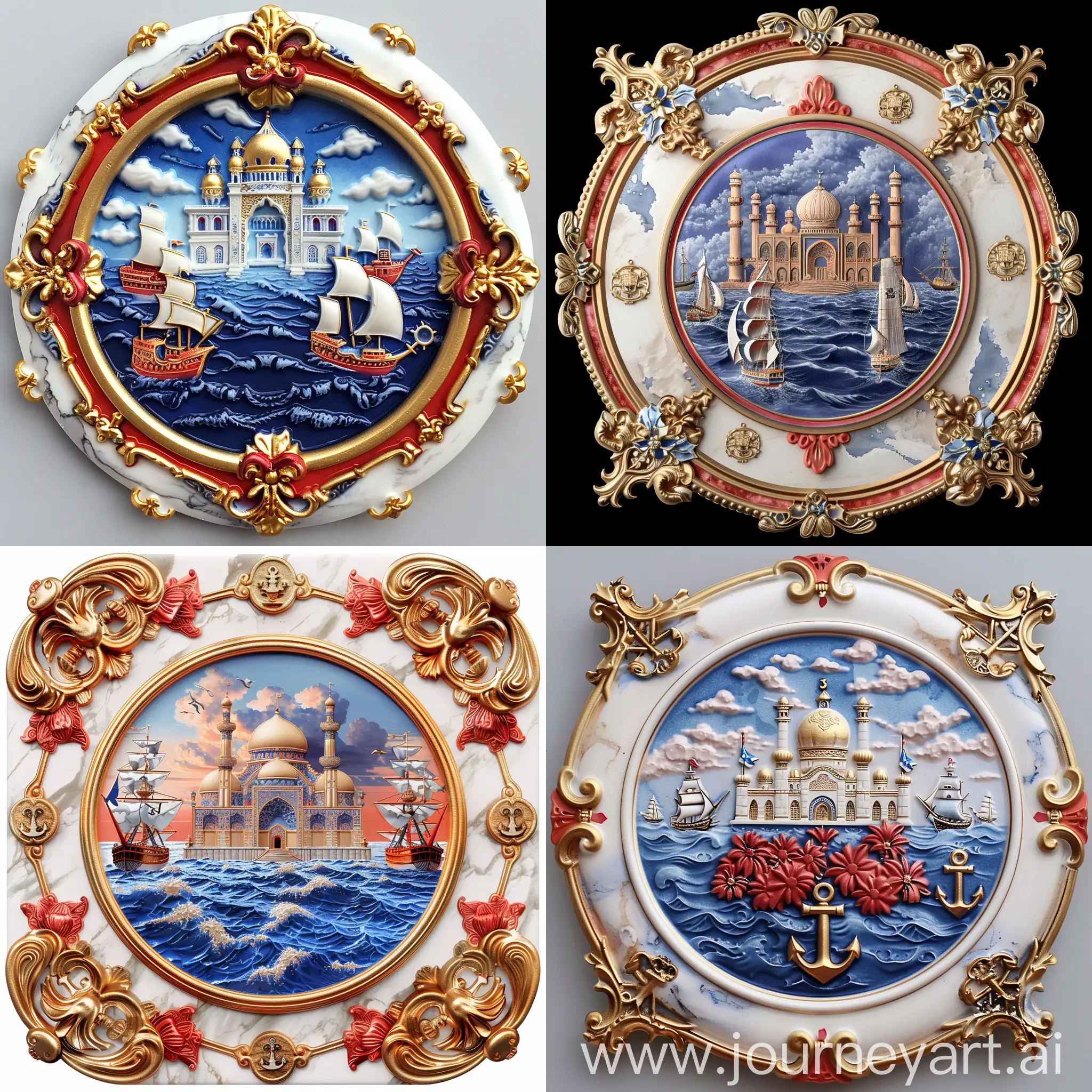 a pirates styled arabesque shaped round porcelain medal, inframing 3d embossed style painting of a Persian mosque beyond sea with ships, Symmetric front perspective, solid red blue Persian floral design with golden outline embossed on torus moulded white marbled border, 3d Naval symbols at corners, shiny metallic gold framed, iznik decorations around medallion