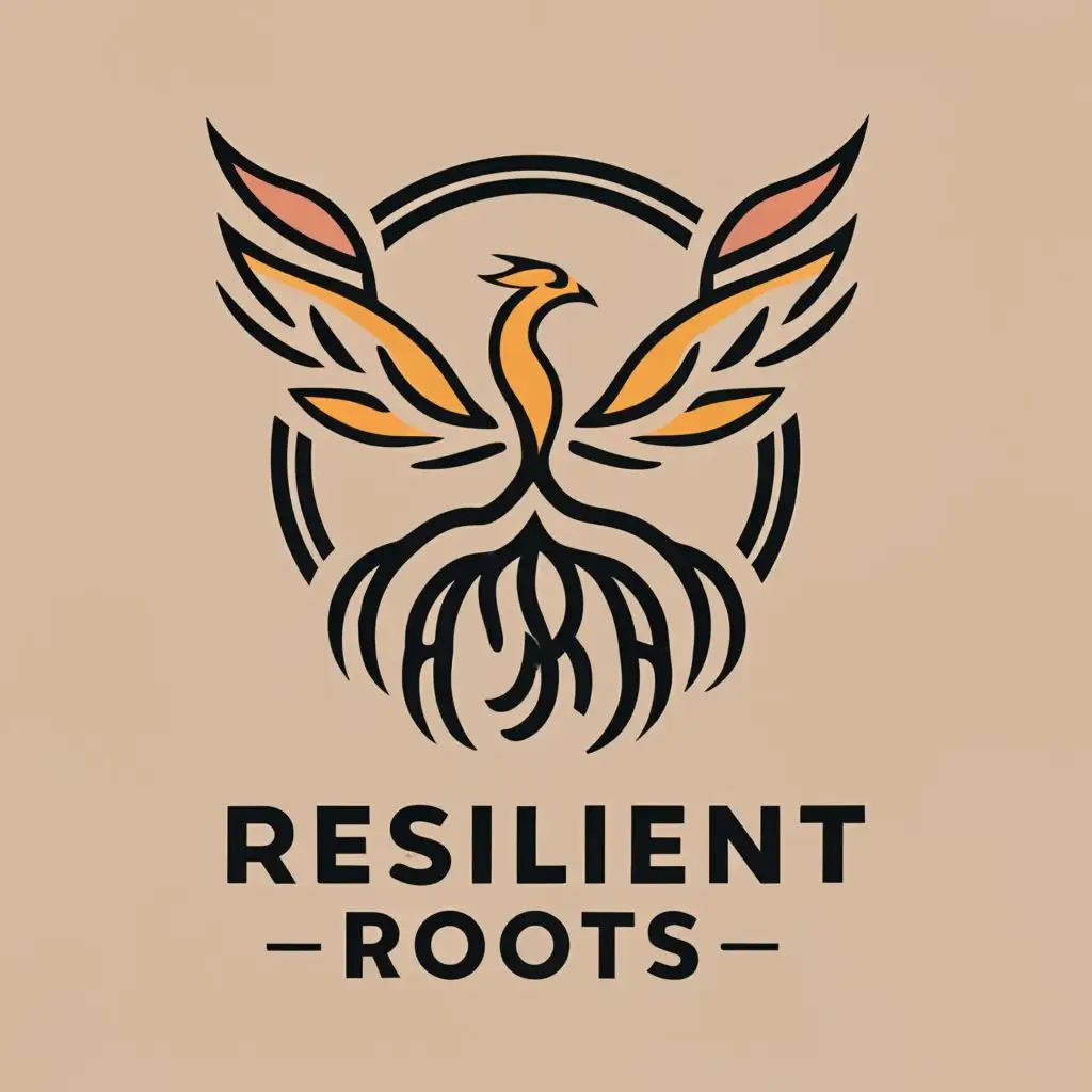 logo, Abstract Phoenix:
   - Create an abstract representation of a phoenix rising from intertwined roots.
   - Use warm colors like gold and orange to convey renewal and strength., with the text "ResilientRoots", typography, be used in Retail industry