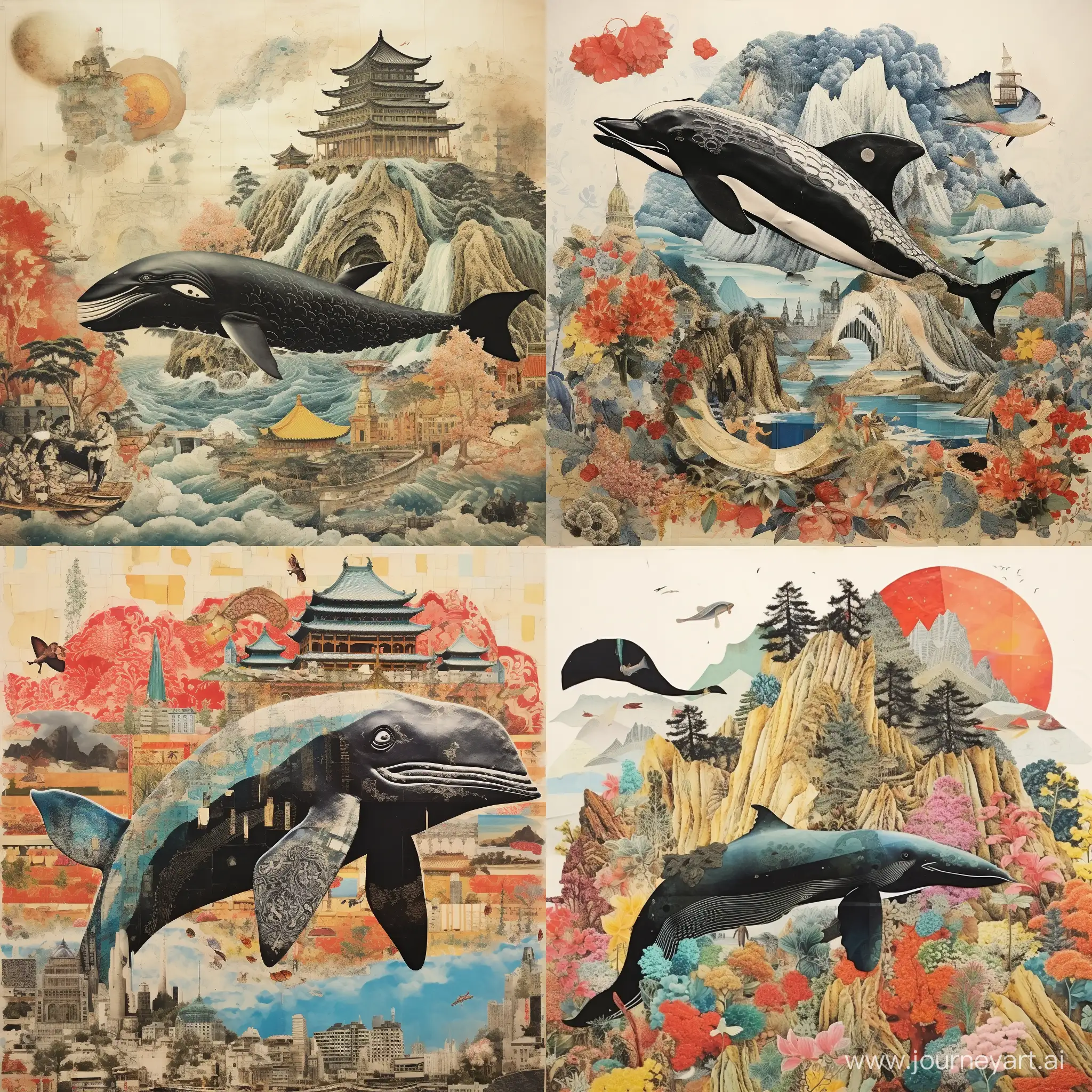 使用包括中国和西方在内的视觉艺术作品创作拼贴画，拼贴画的形状是鲸